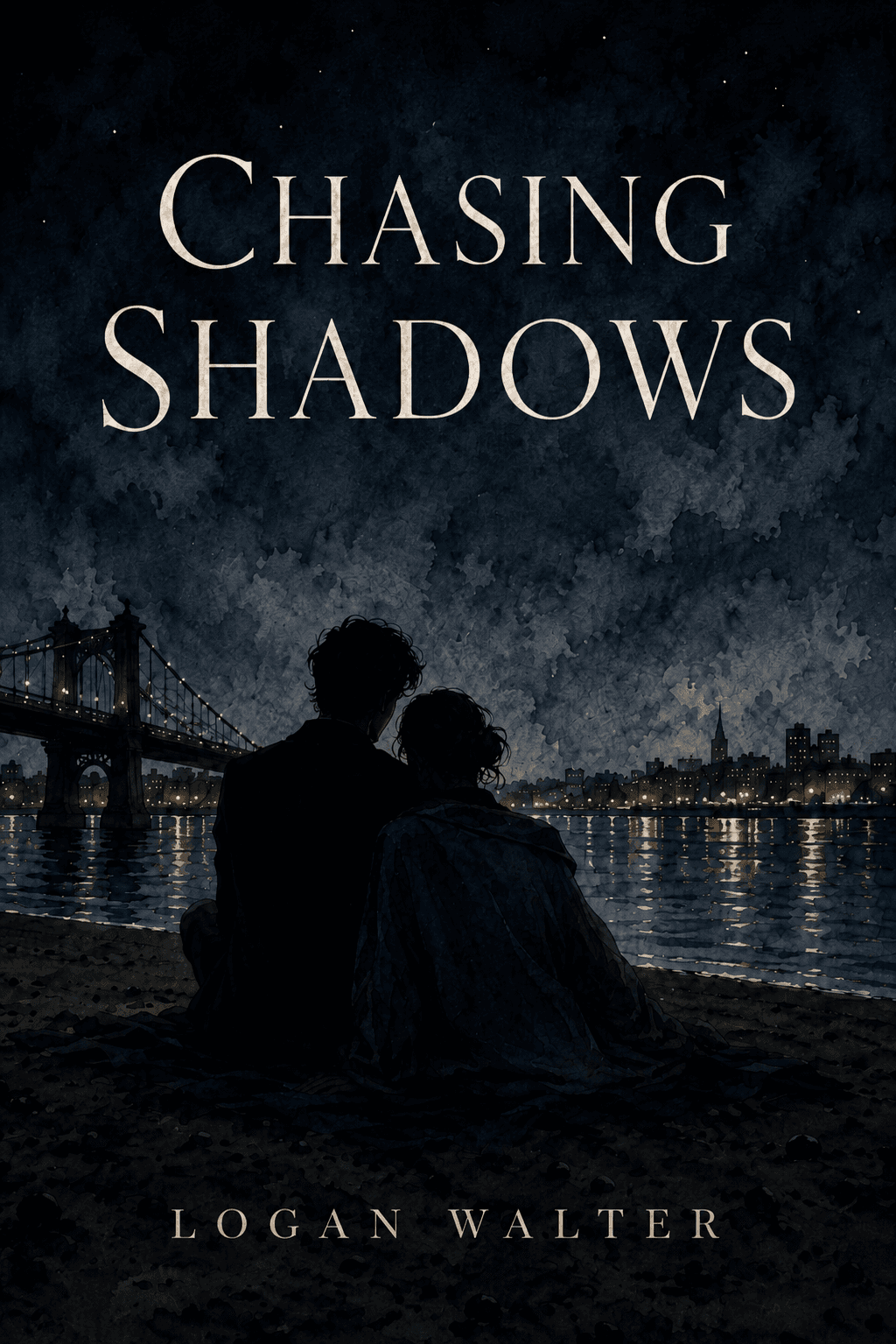 Cover of Chasing Shadows — a couple sitting on a moonlit shore beneath a bridge, a city skyline glittering across the water